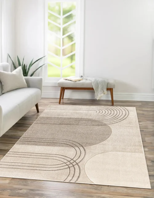 Cream Beige Textured Geometric Contemporary Rug - Image 3